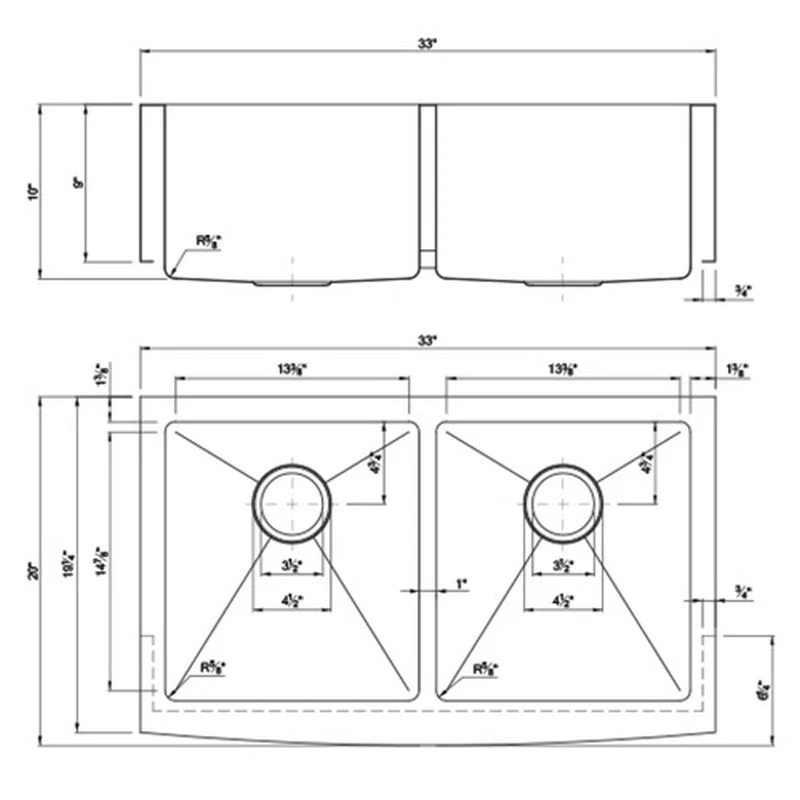 Dakota Sinks DSM-A5050 Signature M-Series 33 Inch Micro Radius Double Bowl Apron Front Kitchen Sink with Bottom Grid - Poukt