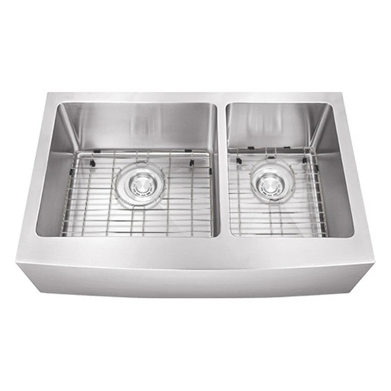 Dakota Sinks DSM-A6040 Signature M-Series 33 Inch Micro Radius 60/40 Double Bowl Apron Front Kitchen Sink with Bottom Grid - Poukt