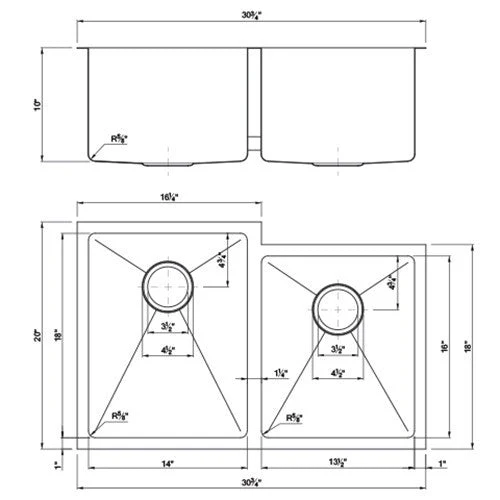 Dakota Sinks DSM-6040-1 Signature M-Series 30 3/4 Inch Micro Radius 60/40 Offset Double Bowl Undermount Kitchen Sink with Bottom Grid - Poukt