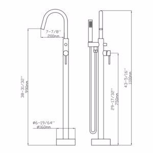 Dakota Sinks Signature 43 3/8 Inch Floor Mounted Bathtub Filler with Shower Head - Poukt