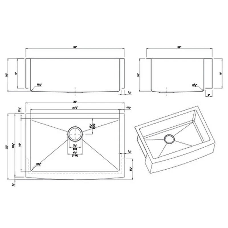 Dakota Sinks DSM-A3020 Signature M-Series 30 x 10 Inch Micro Radius Single Bowl Apron Front Kitchen Sink with Bottom Grid - Poukt