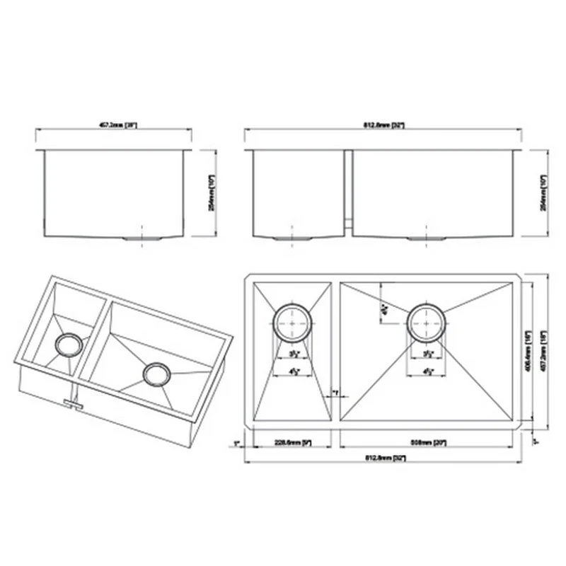 Dakota Sinks DSZ-3070 Signature Z-Series 32 Inch Zero Radius 30/70 Double Bowl Undermount Stainless Steel Kitchen Sink with Bottom Grid - Poukt