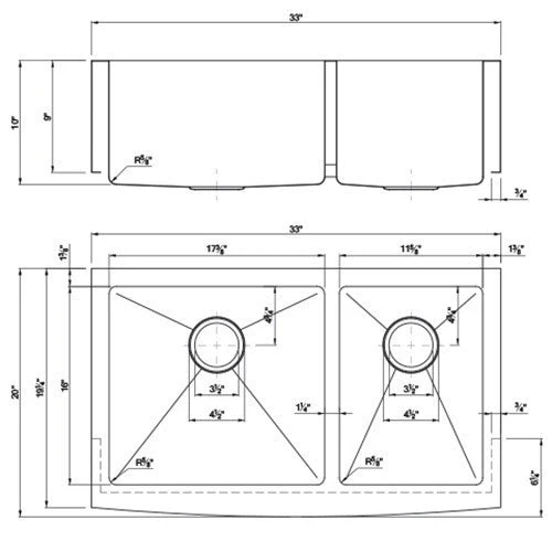Dakota Sinks DSM-A6040 Signature M-Series 33 Inch Micro Radius 60/40 Double Bowl Apron Front Kitchen Sink with Bottom Grid - Poukt