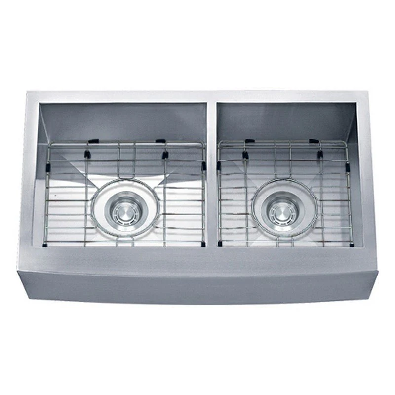 Dakota Sinks DSZ-A6040 Signature Z-Series 33 Inch Zero Radius 60/40 Double Bowl Apron Front Stainless Steel Kitchen Sink with Bottom Grid - Poukt