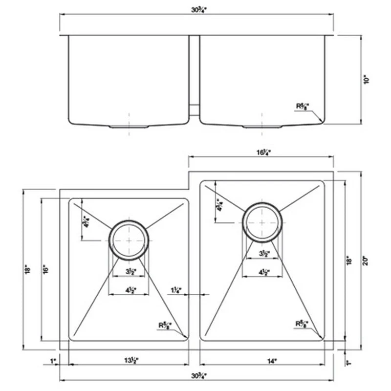 Dakota Sinks DSM-4060-1 Signature M-Series 30 3/4 Inch Micro Radius 40/60 Offset Double Bowl Undermount Kitchen Sink with Bottom Grid - Poukt