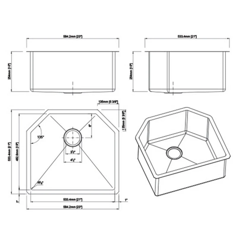 Dakota Sinks DSM-2321 Signature M-Series 23 Inch Micro Radius Single D-Bowl Undermount Kitchen Sink with Bottom Grid, Satin Brushed Nickel - Poukt