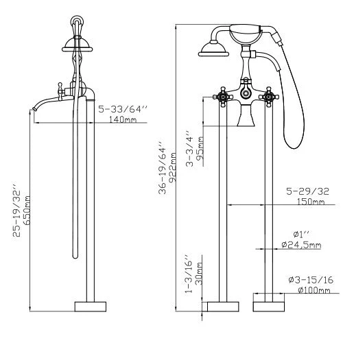 Dakota Sinks DSF-00BTF04CR Signature 36 1/4 Inch Floor Mounted Bathtub Filler - Poukt