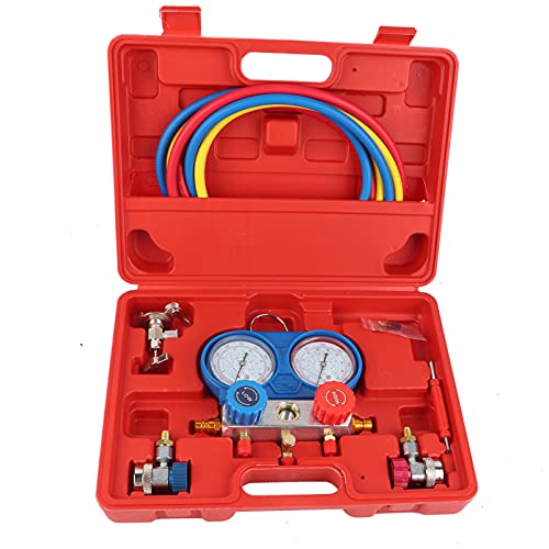 Manifold gauge set manomètre,AC Manifold Kit de montage pour climatisation et réfrigérants,Tuyau recharge avec jauge crochet manomètre R134A Gauge Ac Air Climatiseur Outils De RéFrigéRation - Poukt