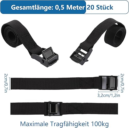 Lot de 20 sangles d'arrimage courtes de 50 cm, noires, courtes, avec boucle de serrage, sangles de fixation réglables, sangles de fixation extrêmement robustes, pour vélo, moto, bagages, camping - Poukt