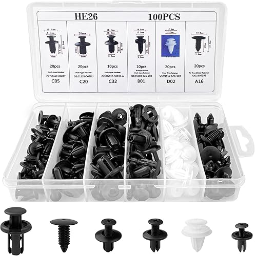 Binnan 100 Pièces Rivet Clips Plastique, Clips de Fixation Voiture, Clips Voiture Universel pour Pare-Chocs Porte de Voiture Fender Push Kit de Remplacement - Poukt