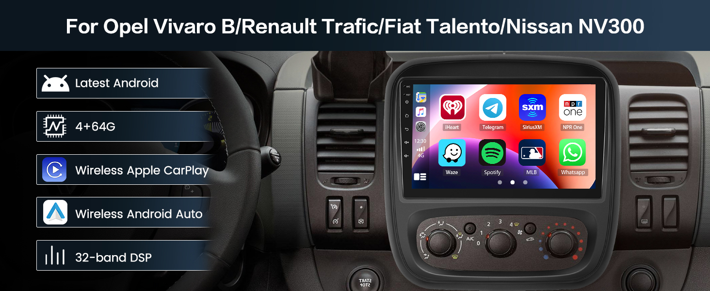 Autoradio Android avec  sans Fil Carplay/Android Auto Lien Miroir GPS Radio FM/RDS EQ WIFI Bluetooth