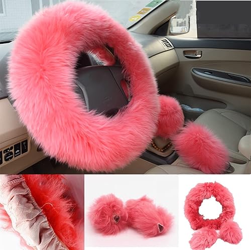 Mioke 3pcs Couverture de Volant de Voiture Universelle, 100% Laine d'Australie, Housse de Volant d'hiver 37–39 cm (Rose) - Poukt