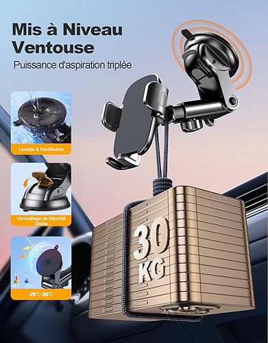Glangeh Support Telephone Voiture, Ultrastable Clip & Aspiration Militaire, Porte Telephone Voiture Réglable Tableau de Bord/Pare-Brise/Grille Aération, Opération à Une Main, Fixation pour GPS (4'-7') - Poukt