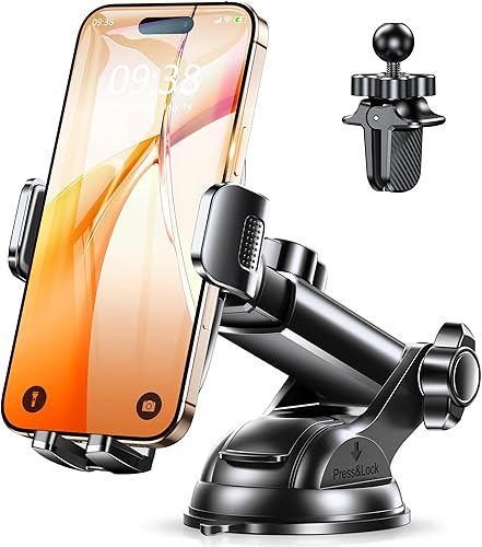 Glangeh Support Telephone Voiture, Ultrastable Clip & Aspiration Militaire, Porte Telephone Voiture Réglable Tableau de Bord/Pare-Brise/Grille Aération, Opération à Une Main, Fixation pour GPS (4'-7') - Poukt
