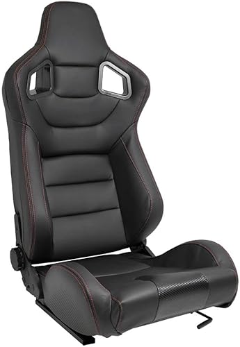 AUTO-STYLE Siège baquet 'RK' - Simili Cuir Noir + Surpiqûres rouge - Dossier réglable - incl. glissières - Poukt