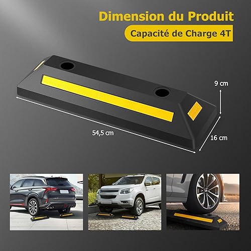 GYMAX Lot de 2 Butée de Stationnement avec Bandes Réflectives, Cales de Roues en Caoutchouc Résistantes, Charge du Poids 4T, pour Garage de Voiture - Poukt