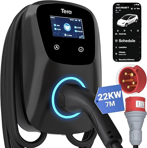 Tera Chargeur Voiture Électrique Triphasé Type 2: Borne de Recharge Véhicule Électrique 22kw 32A 400V Prise CEE Puissance Courant Réglable CE Certifié 7M Câble de Charge Compatible avec EV PHEV W01 - Poukt