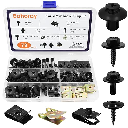 Bohoray Lot de 78 vis et écrous de voiture - Vis de garde-boue de carrosserie de voiture - Clips de fixation de type U pour garde-boue de voiture - Poukt