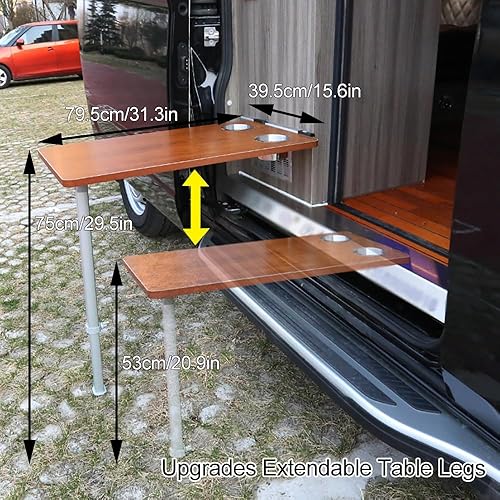 aallwwsso Table à Manger pour Camping-Car, Table Pliante Suspendue avec 2 Fentes pour Tasse + Pied de Table Extensible, IntéRieur D'Ameublement pour, Bateaux, Caravanes, Fourgonnettes,Brown - Poukt