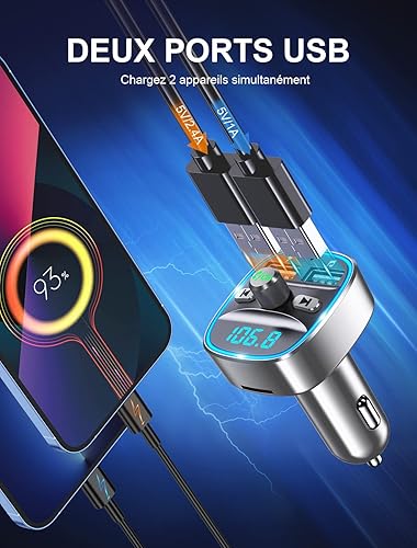 Mohard Bluetooth Voiture, Dual Ports USB Transmetteur FM Bluetooth Adaptateur Radio Lecteur de Musique MP3 sans Fil pour Appels Mains Libres avec Écran LED, Support pour Carte TF et Clé USB - Poukt