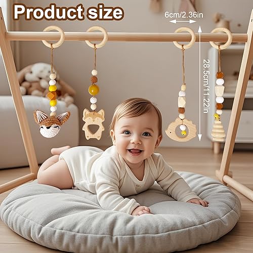 GYHWOFUL – Lot de 4 Suspensions en Bois pour Arche bébé – Jouets sensoriels avec clochettes et Renard crocheté – Bois Naturel sans BPA – Dès la Naissance - Poukt