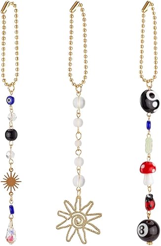DELORIGIN 3 pendentif à Suspendre à 8 boules pour Voiture Joli Symbole Yin Yang et Bohème Accessoire de Voiture Ornement Suspendu au Soleil Trèfle à Quatre Feuilles Coccinelle Mauvais Œil - Poukt