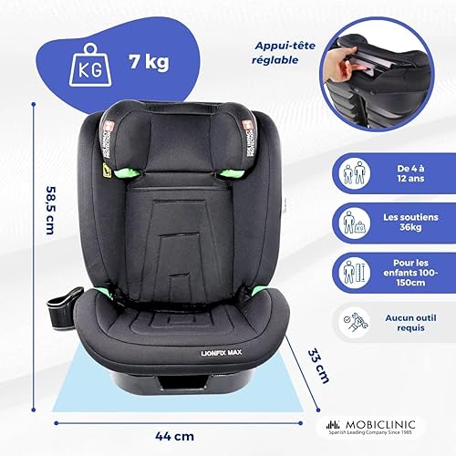 Mobiclinic® kids, Siège auto, I-size, Isofix, Groupe 2/3, 36kg, 4-12 ans, Lionfix max, Évolutif, 100-150cm, Protection latérale, Appui-tête réglable, 3 positions d'inclinaison, Porte-gobelet - Poukt
