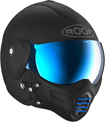 Casque Moto Jet Haut De Gamme ROOF Roadster en Fibre De Verre avec Mentonnière Amovible Magnétique Écran Iridium Inclus– Couleur Iron Noir Mat/Bleu - Offre Directe Usine - Garantie 4 Ans - Poukt