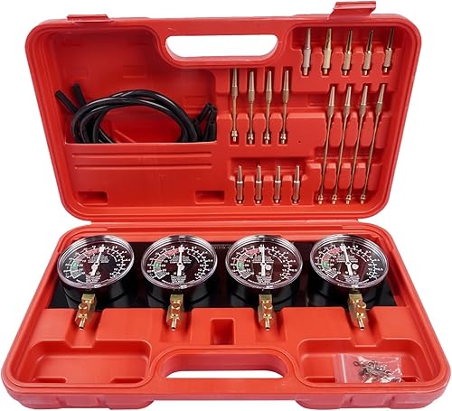Hopzty Testeur de Pression de Carburant avec 4 Chronos de Synchronisation et Tuyaux en Caoutchouc Dépressiomètre Moto pour 4 Cylindres Moto Voiture, Rouge - Poukt