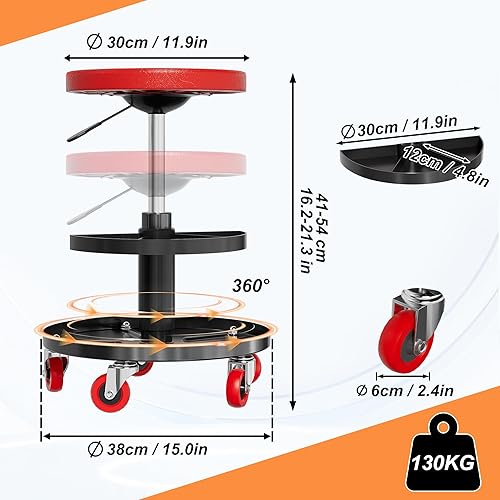 YRHome Tabouret d'atelier avec roulettes - Hauteur réglable de 41 à 51 cm - Siège ergonomique - Diamètre : 30 cm - Tabouret de montage avec roulettes à 360° et 2 plateaux à outils pour outils - 130 kg - Poukt