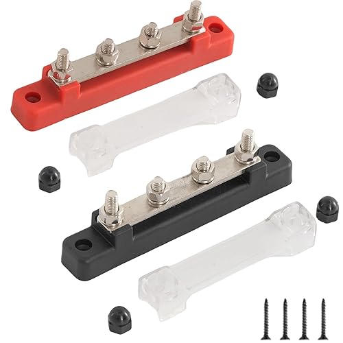 Lot de 2 barres de distribution - 12 V-48 V CC - 250 A - Avec 4 goujons de serrage M6 - Module haute performance - Avec couvercle - Pour voiture, marine, système de batterie - Poukt