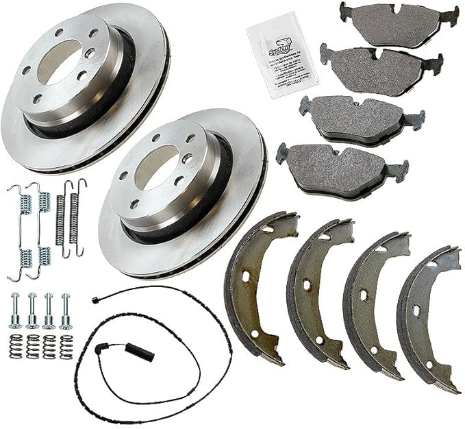 ATEC Germany Kit de freinage essieu arrière y compris disques de frein Ø 276 mm ventilés + plaquettes de frein arrière + mâchoires de frein Compatible avec BMW Série 3 (E46), - Poukt