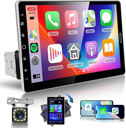Hodozzy Autoradio 1 Din avec Ecran Rotatif, 10,1 Pouces Poste Radio avec Carplay/Android Auto/Lien Miroir, 1 Din Autoradio avec Bluetooth, Radio FM/AM/RDS, AUX, EQ, 2 USB, Commande au Volant + Caméra - Poukt