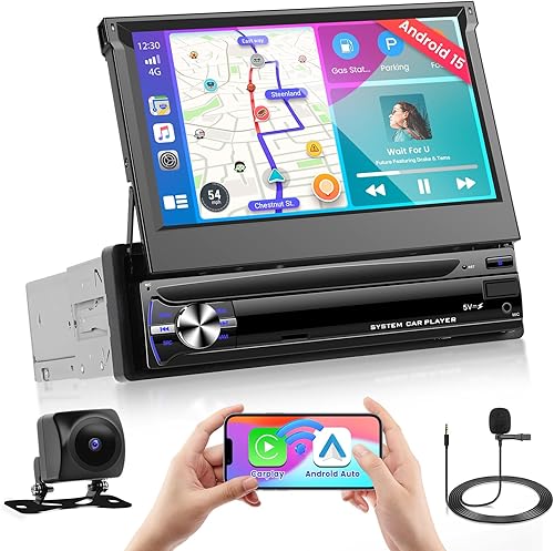 Fuluku Autoradio 1 Din 4+64G Android 15 avec Wireless Carplay Android Auto, Ecran Rétractable Manuel 7 Pouces avec Bluetooth/WiFi/FM/RDS/EQ/Mirror Link/GPS/Caméra de recul/MIC/SWC - Poukt