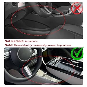 Le texte indique « Ne convient pas : automatique » et « Remarque : veuillez identifier le modèle que vous devez acheter ». Images de l'intérieur de la voiture montrant la zone de changement de vitesse avec des cercles rouges.
