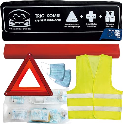 VZL Trousse de premiers secours pour voiture 2024 - Certifié TÜV - Avec triangle de signalisation et gilets de signalisation - Kit de premiers secours Auto 2024 - Bleu - Poukt