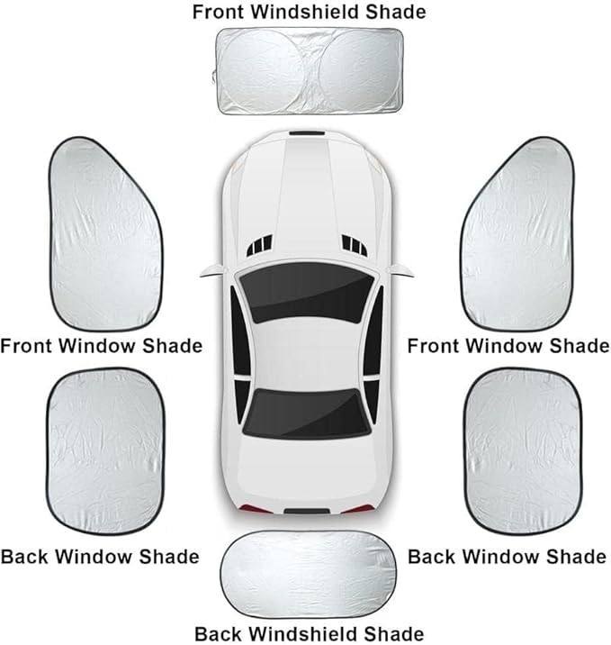 Lot de 6 pare-soleil de voiture pour fenêtres avant, arrière et latérales de voiture, 6 unités pliables et faciles à installer, plus une housse universelle pour volant de voiture. - Poukt