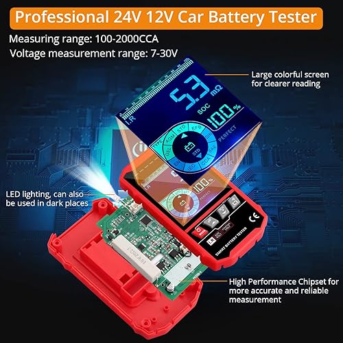 Neoteck Testeur de Batterie 24V 12V 100-2000 CCA Testeur d'Alternateur Automobile Numérique pour Systèmes de Charge de Démarrage Analyseur de Batterie pour Voitures Camions Bateaux, Noir-rouge - Poukt