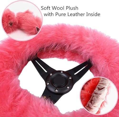 Mioke 3pcs Couverture de Volant de Voiture Universelle, 100% Laine d'Australie, Housse de Volant d'hiver 37–39 cm (Rose) - Poukt