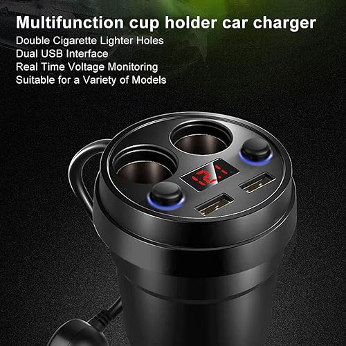 Chargeur de voiture multifonction avec porte-gobelet, double trou pour allume-cigare, double rapide, affichage LED en temps réel, refroidissement intelligent, pour téléphone - Poukt