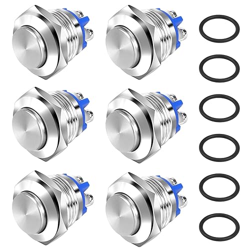 LPZMPZ 6 PCS Bouton Poussoir Momentané 2A 12V 24V 36V Etanche, Boutons Poussoirs de Ronde, Interrupteur Poussoir 16mm en Métal pour Voiture Camion Sonnette (Haute Tête, Argent) - Poukt