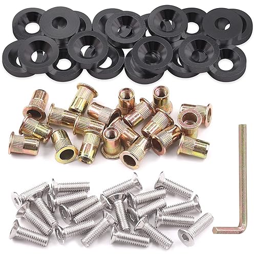 Glarks Lot de 61 rondelles noires M6 en aluminium pour pare-chocs de voiture - Rondelle de finition CNC - Boulons en acier inoxydable et écrous à rivets en acier au carbone pour pare-chocs de voiture, - Poukt
