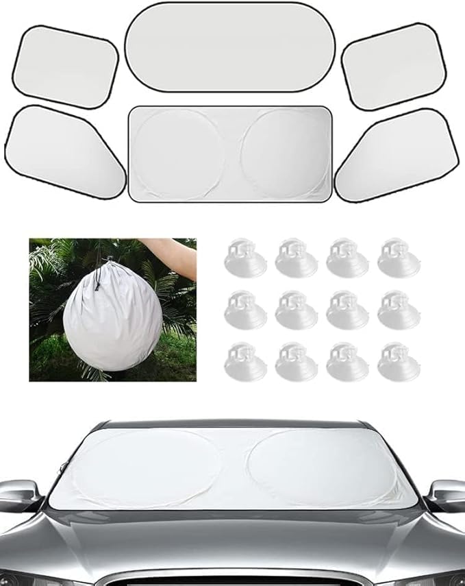 Lot de 6 pare-soleil de voiture pour fenêtres avant, arrière et latérales de voiture, 6 unités pliables et faciles à installer, plus une housse universelle pour volant de voiture. - Poukt