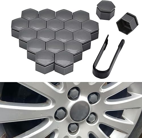 Lot de 20 Capuchons D'éCrou De Roue, pour Opel Corsa, Cache-éCrous De Boulon De Roue,avec Ensemble D'Outils De DéMontage,éCrou De Roue Moyeu Vis,Hexagonal Boulon Couvre,C-Grey-19mm - Poukt