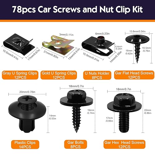 Bohoray Lot de 78 vis et écrous de voiture - Vis de garde-boue de carrosserie de voiture - Clips de fixation de type U pour garde-boue de voiture - Poukt