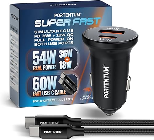 PORTENTUM Allume Cigare 54W + 60W Cable Rapide – Double Charger Voiture simultané réel – USBC PD 36W + USBA QC 18W – Prise Allume Cigare 12V pour iPhone iPad Android Smartphone - Poukt