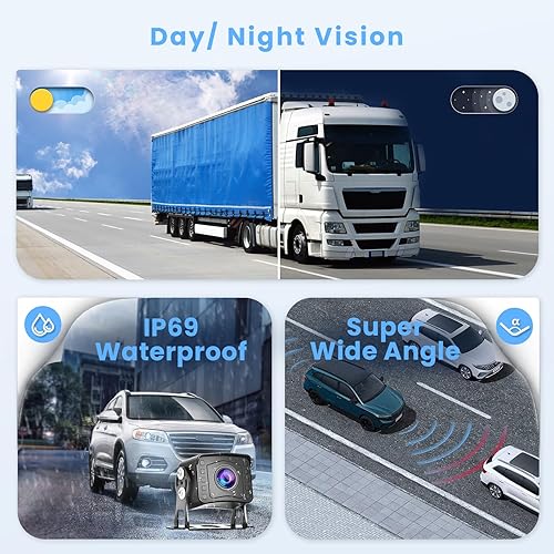 Caméra de recul Double avec 9''Écran d'enregistrement 1080P, Carte TF 32G, Affichage de la Caméra de recul, 2 Écrans Divisés, Vision Nocturne, Etanche IP69, Camera de recul pour Camion RV Campers Van - Poukt