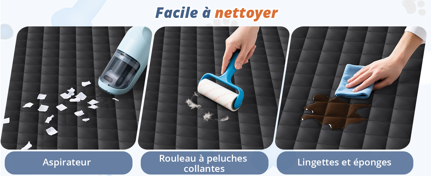 Schéma d'instructions de nettoyage en trois étapes illustrant l'application du pinceau et le processus de nettoyage sur une surface côtelée foncée.