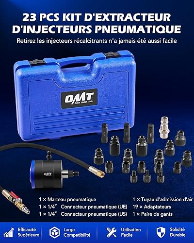 Orion Motor Tech 23 PCS Kit Extracteur d'Injecteur Pneumatique pour Moteurs Diesel, Vibration à Air 5-8 Bars, avec 19 Adaptateurs, Marteau Extracteur, Tuyau de Rallonge et Connecteurs EU US - Poukt