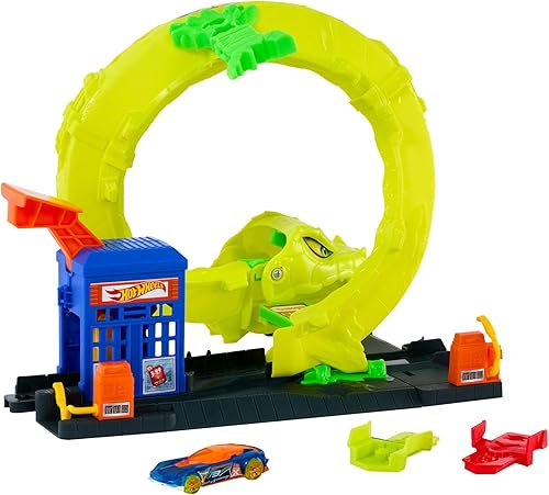 Hot Wheels Station-Service Serpent Coffret avec véhicule en métal moulé à l’échelle 1/64, 2 modes de jeu, looping et piste Speed Snap, JBM63 - Poukt